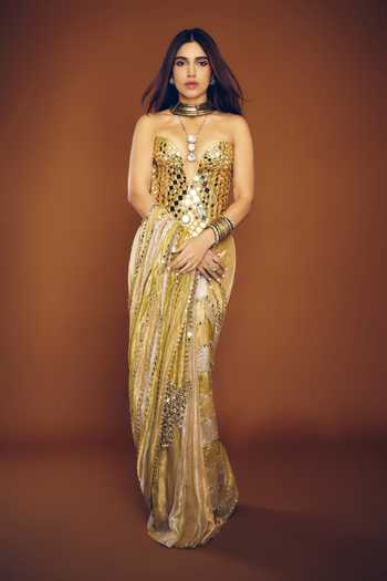 Buy_Itrh_Green Crepe, Net, Tissue Mirrors Kanakjyoti Pre-draped Saree With Corset _Online_at_Aza_Fashions