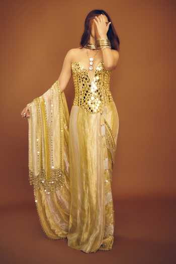 Shop_Itrh_Green Crepe, Net, Tissue Mirrors Kanakjyoti Pre-draped Saree With Corset _Online_at_Aza_Fashions