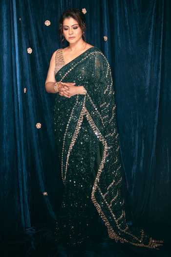 Itrh_Green Lampi One Shoulder Vanamala Chikankari Saree With Blouse _Online_at_Aza_Fashions