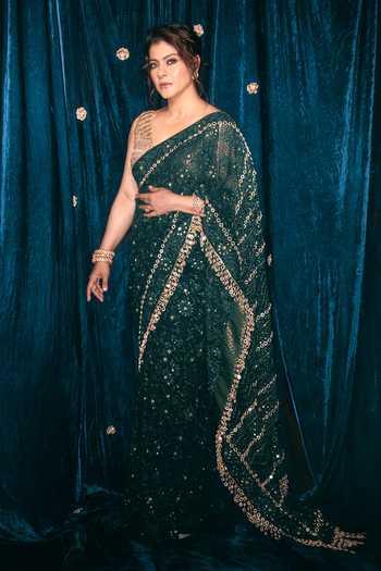 Buy_Itrh_Green Lampi One Shoulder Vanamala Chikankari Saree With Blouse _Online_at_Aza_Fashions