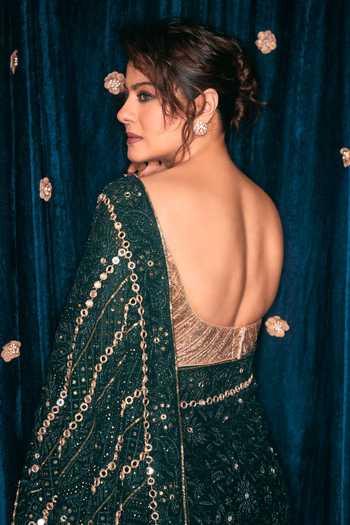 Shop_Itrh_Green Lampi One Shoulder Vanamala Chikankari Saree With Blouse _Online_at_Aza_Fashions