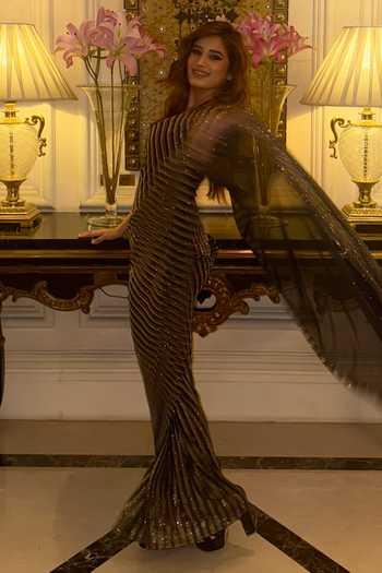 Itrh_Black Net Crystals Sweetheart Colette Pinstriped Embellished Saree With Corset _Online_at_Aza_Fashions