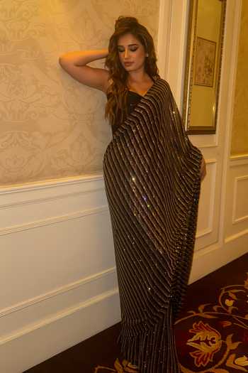 Buy_Itrh_Black Net Crystals Sweetheart Colette Pinstriped Embellished Saree With Corset _Online_at_Aza_Fashions