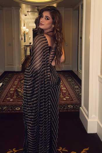 Itrh_Black Net Crystals Sweetheart Colette Pinstriped Embellished Saree With Corset _at_Aza_Fashions