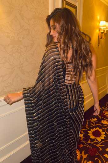 Shop_Itrh_Black Net Crystals Sweetheart Colette Pinstriped Embellished Saree With Corset 