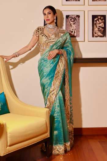 Itrh_Turquoise Chanderi, Tissue, Neelima Saree With Mirror Embroidered Blouse _Online_at_Aza_Fashions