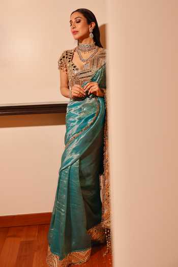 Buy_Itrh_Turquoise Chanderi, Tissue, Neelima Saree With Mirror Embroidered Blouse _Online_at_Aza_Fashions