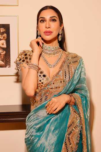 Itrh_Turquoise Chanderi, Tissue, Neelima Saree With Mirror Embroidered Blouse _at_Aza_Fashions