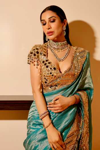 Buy_Itrh_Turquoise Chanderi, Tissue, Neelima Saree With Mirror Embroidered Blouse 