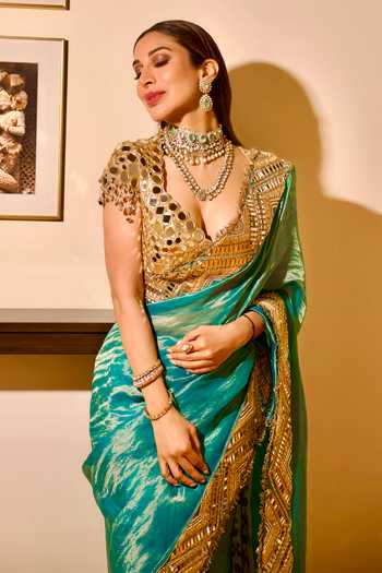 Shop_Itrh_Turquoise Chanderi, Tissue, Neelima Saree With Mirror Embroidered Blouse 