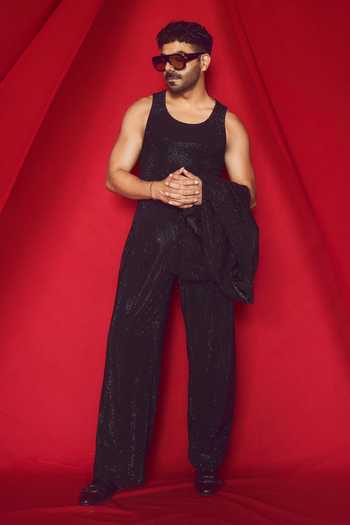Shop_Itrh_Black Crepe, Denim Viper Bomber Jacket And Trouser Set _Online_at_Aza_Fashions