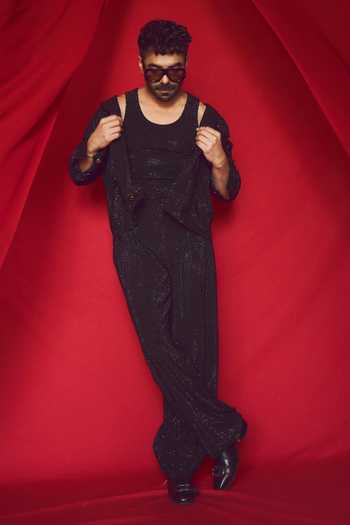 Itrh_Black Crepe, Denim Viper Bomber Jacket And Trouser Set _at_Aza_Fashions