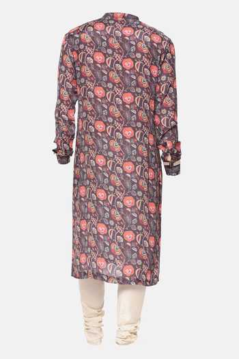 Shop Mayank Modi - Men Wine Muslin Embroidery Botanical Print Kurta Set For Kids at Aza Fashions Shop_Mayank Modi - Men_Wine Muslin Embroidery Botanical Print Kurta Set For Kids_at_Aza_Fashions