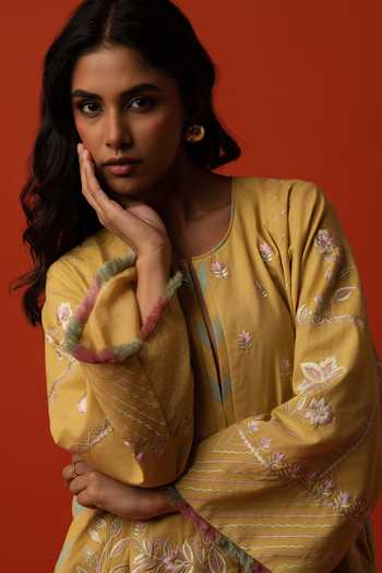Shop_BO Tree_Yellow Cotton Round Neck, Yes Thea Embroidered Kurta And Pant Set _Online_at_Aza_Fashions