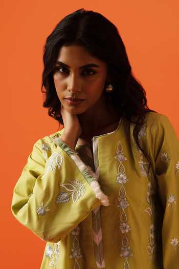 BO Tree_Mint Silk, Cotton Round Neck, Yes Elea Embroidered Kurta And Pant Set _Online_at_Aza_Fashions