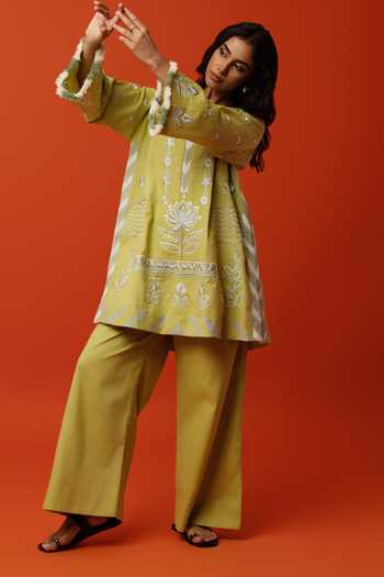 Shop_BO Tree_Mint Silk, Cotton Round Neck, Yes Elea Embroidered Kurta And Pant Set _Online_at_Aza_Fashions