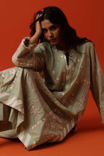 Buy_BO Tree_Aqua Silk, Cotton Split V-neck, Yes Eloise Embroidered Kurta And Palazzo Set _Online_at_Aza_Fashions