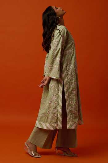 Shop_BO Tree_Aqua Silk, Cotton Split V-neck, Yes Eloise Embroidered Kurta And Palazzo Set _Online_at_Aza_Fashions
