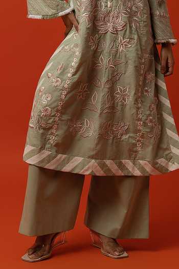 BO Tree_Aqua Silk, Cotton Split V-neck, Yes Eloise Embroidered Kurta And Palazzo Set _at_Aza_Fashions