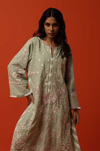Buy_BO Tree_Aqua Silk, Cotton Split V-neck, Yes Eloise Embroidered Kurta And Palazzo Set 