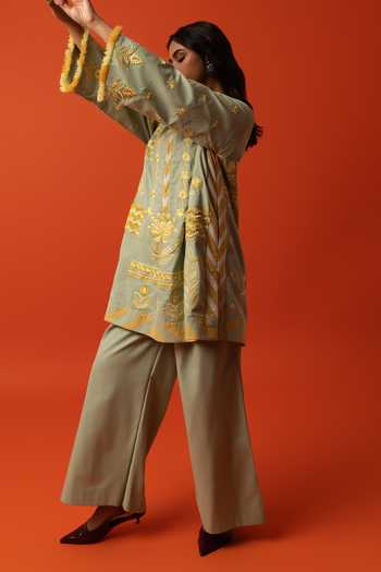 Buy_BO Tree_Aqua Silk, Cotton Round Neck Twila Embroidered Kurta And Pant Set _Online_at_Aza_Fashions