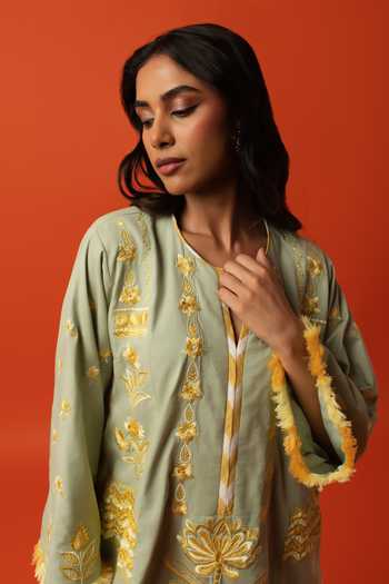 Shop_BO Tree_Aqua Silk, Cotton Round Neck Twila Embroidered Kurta And Pant Set _Online_at_Aza_Fashions