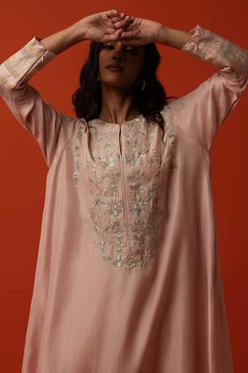 BO Tree_Pink Silk, Cotton Round Neck Ewa Floral Embroidered Kurta And Palazzo Set _Online_at_Aza_Fashions