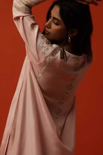 Buy_BO Tree_Pink Silk, Cotton Round Neck Ewa Floral Embroidered Kurta And Palazzo Set _Online_at_Aza_Fashions