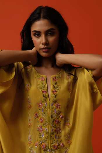 Buy BO Tree Yellow Silk, Cotton Split V-neck Caelia Floral Embroidered Kaftan Set Online at Aza Fashions Buy_BO Tree_Yellow Silk, Cotton Split V-neck Caelia Floral Embroidered Kaftan Set _Online_at_Aza_Fashions