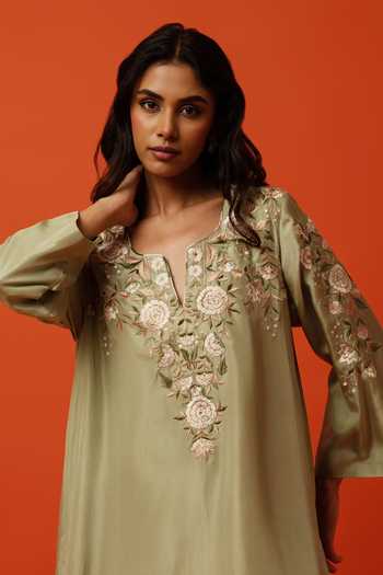 Buy_BO Tree_Green Silk, Cotton Split V-neck Solene Embroidered Kurta And Palazzo Set _Online_at_Aza_Fashions