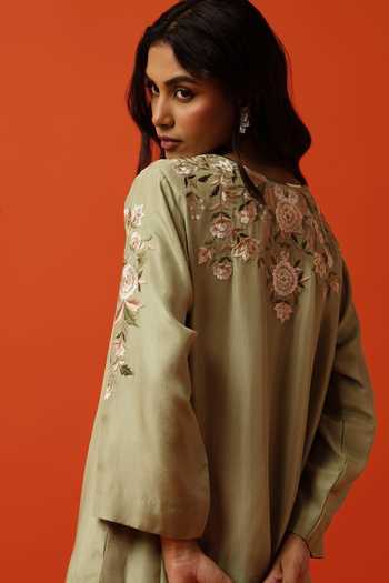 Shop_BO Tree_Green Silk, Cotton Split V-neck Solene Embroidered Kurta And Palazzo Set _Online_at_Aza_Fashions