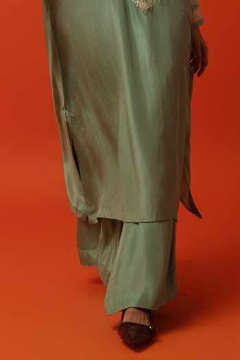 BO Tree_Green Silk, Cotton V-neck Liora Embroidered Kaftan And Palazzo Set _Online_at_Aza_Fashions