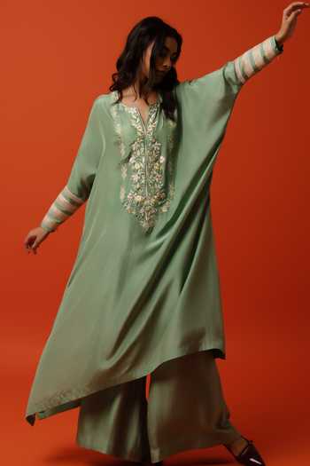Buy_BO Tree_Green Silk, Cotton V-neck Liora Embroidered Kaftan And Palazzo Set _Online_at_Aza_Fashions