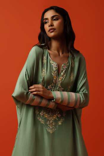 Shop_BO Tree_Green Silk, Cotton V-neck Liora Embroidered Kaftan And Palazzo Set _Online_at_Aza_Fashions
