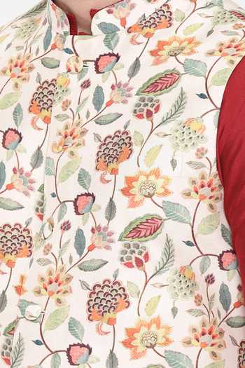 Mayank Modi - Men_Off White Muslin Floral Print Nehru Jacket For Kids_Online_at_Aza_Fashions