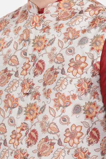 Mayank Modi - Men_Grey Muslin Fabric Flowers Floral Print Nehru Jacket For Kids_Online_at_Aza_Fashions