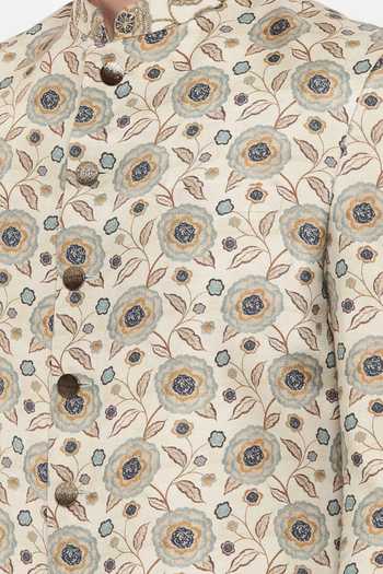 Mayank Modi - Men_Beige Muslin Embroidery Floral Bloom Print Sherwani With Churidar For Kids_Online_at_Aza_Fashions