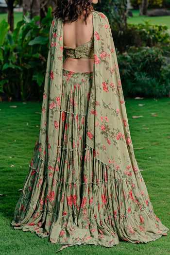 Redpine Designs Vintage Floral Print Tiered Lehenga Set For Kids
