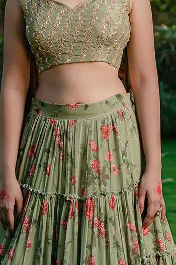 Redpine Designs Green Silk, Viscose, Georgette Sequins, Vintage Floral Print Tiered Lehenga Set For Kids Online at Aza Fashions Redpine Designs_Green Silk, Viscose, Georgette Sequins, Vintage Floral Print Tiered Lehenga Set For Kids_Online_at_Aza_Fashions