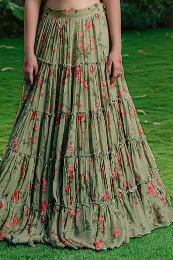 Buy Redpine Designs Green Silk, Viscose, Georgette Sequins, Vintage Floral Print Tiered Lehenga Set For Kids Online at Aza Fashions Buy_Redpine Designs_Green Silk, Viscose, Georgette Sequins, Vintage Floral Print Tiered Lehenga Set For Kids_Online_at_Aza_Fashions