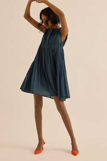 Kharakapas Navy Muslin (mulmul) Round Neck Aegean Pleated Flared Dress Online at Aza Fashions Kharakapas_Navy Muslin (mulmul) Round Neck Aegean Pleated Flared Dress _Online_at_Aza_Fashions