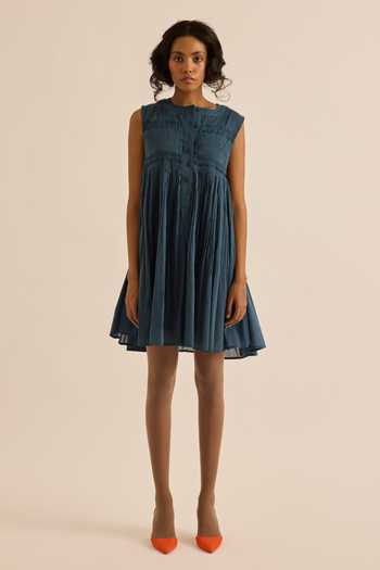 Kharakapas Navy Muslin (mulmul) Round Neck Aegean Pleated Flared Dress at Aza Fashions Kharakapas_Navy Muslin (mulmul) Round Neck Aegean Pleated Flared Dress _at_Aza_Fashions