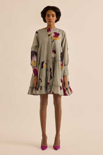 Kharakapas_Grey Muslin (mulmul) Button-down Neck Florentina Watercolor Print Dress _Online_at_Aza_Fashions