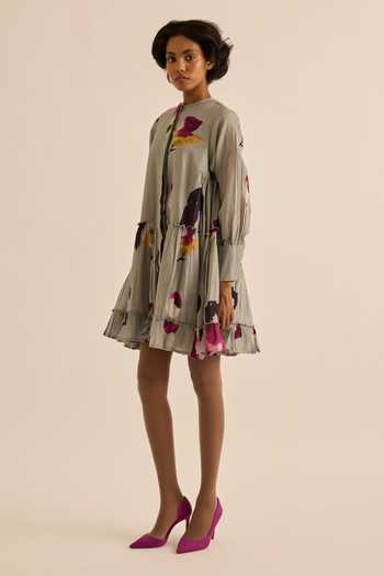 Buy_Kharakapas_Grey Muslin (mulmul) Button-down Neck Florentina Watercolor Print Dress _Online_at_Aza_Fashions
