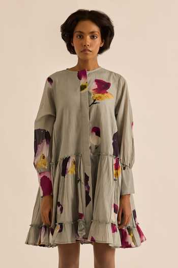Shop_Kharakapas_Grey Muslin (mulmul) Button-down Neck Florentina Watercolor Print Dress _Online_at_Aza_Fashions