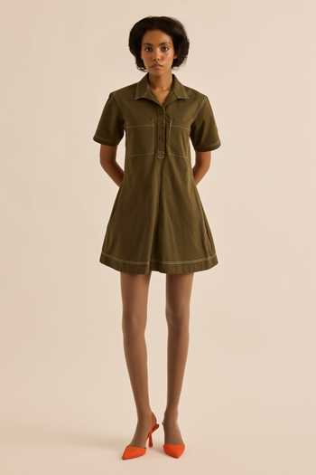 Kharakapas Olive Green Twill Collared Neck Chive Front Patch Pocket Dress Online at Aza Fashions Kharakapas_Olive Green Twill Collared Neck Chive Front Patch Pocket Dress _Online_at_Aza_Fashions