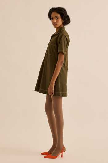 Buy Kharakapas Olive Green Twill Collared Neck Chive Front Patch Pocket Dress Online at Aza Fashions Buy_Kharakapas_Olive Green Twill Collared Neck Chive Front Patch Pocket Dress _Online_at_Aza_Fashions