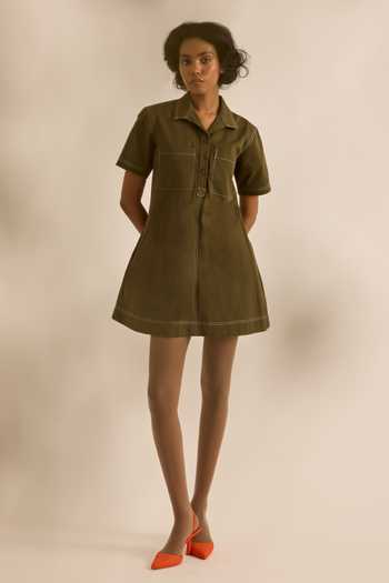 Shop Kharakapas Olive Green Twill Collared Neck Chive Front Patch Pocket Dress Online at Aza Fashions Shop_Kharakapas_Olive Green Twill Collared Neck Chive Front Patch Pocket Dress _Online_at_Aza_Fashions