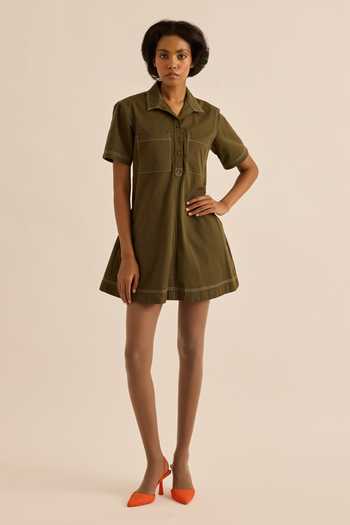 Kharakapas Olive Green Twill Collared Neck Chive Front Patch Pocket Dress at Aza Fashions Kharakapas_Olive Green Twill Collared Neck Chive Front Patch Pocket Dress _at_Aza_Fashions