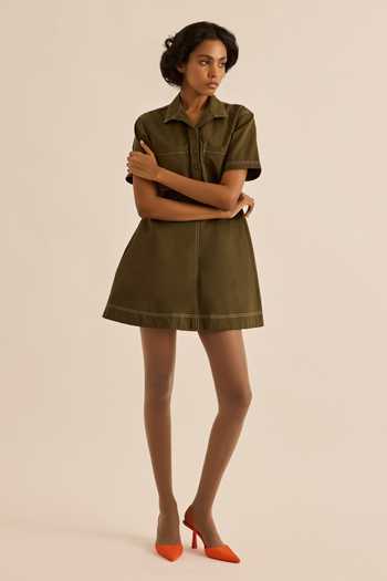 Buy Kharakapas Olive Green Twill Collared Neck Chive Front Patch Pocket Dress Buy_Kharakapas_Olive Green Twill Collared Neck Chive Front Patch Pocket Dress